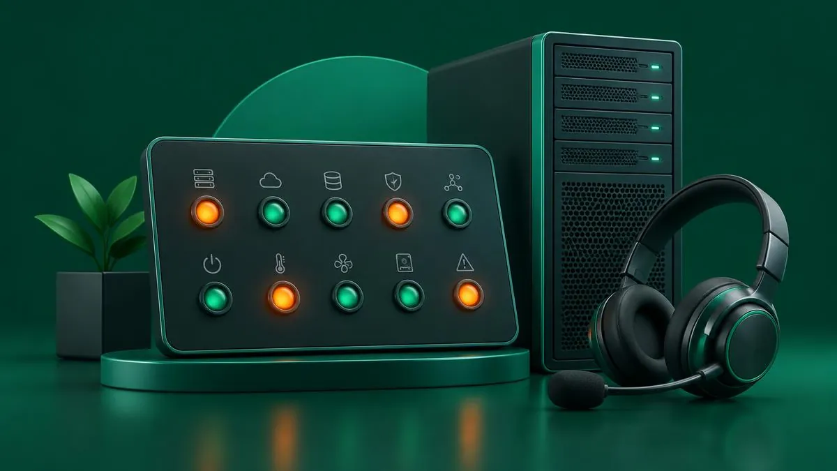 Painel com indicadores de alerta ao lado de servidor e headset de suporte