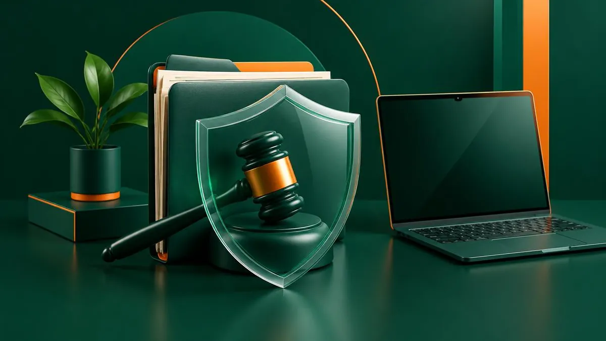Pasta jurídica e martelo protegidos por escudo ao lado de notebook