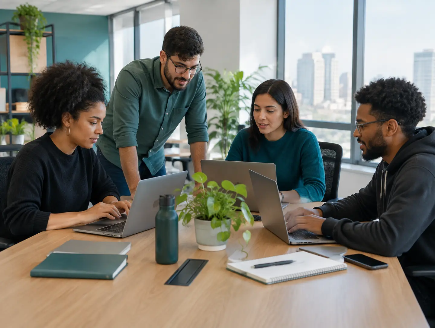 Equipe colaborando em um ambiente corporativo conectado ao ecossistema Microsoft