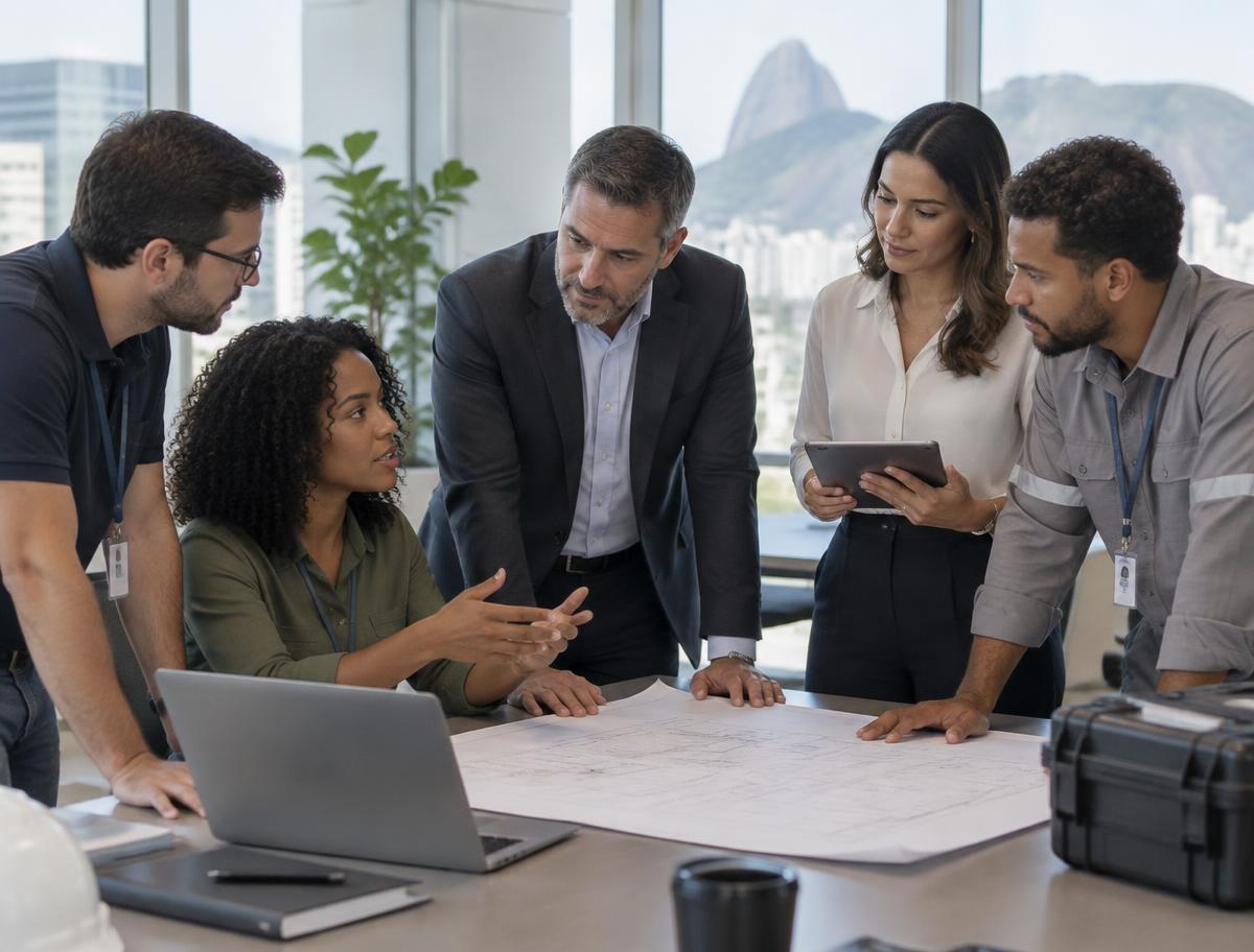 Equipe técnica e gestores planejando juntos a operação de tecnologia