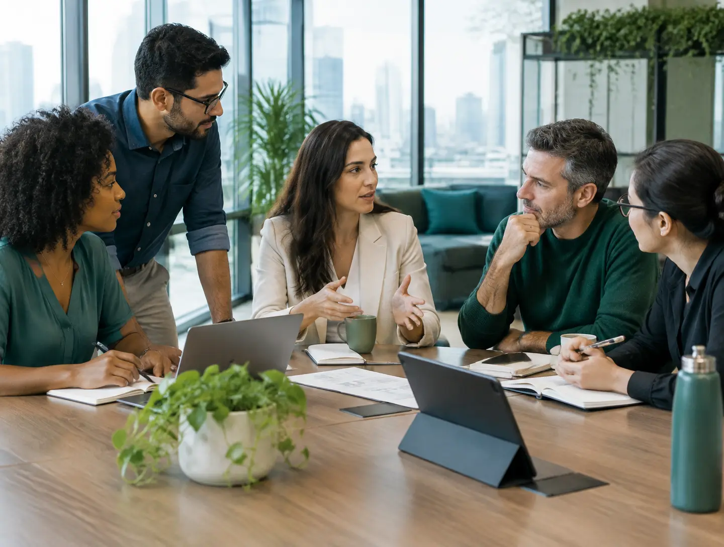 Profissionais de diferentes setores colaborando em um ambiente corporativo